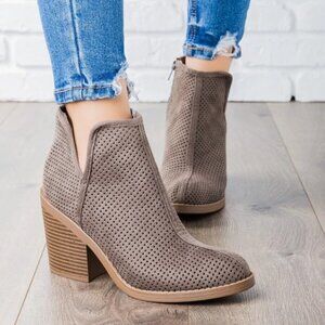 Soda Tarpon Faux Suede Mesh Perforated Chunky Heel Gray Taupe Ankle Boots